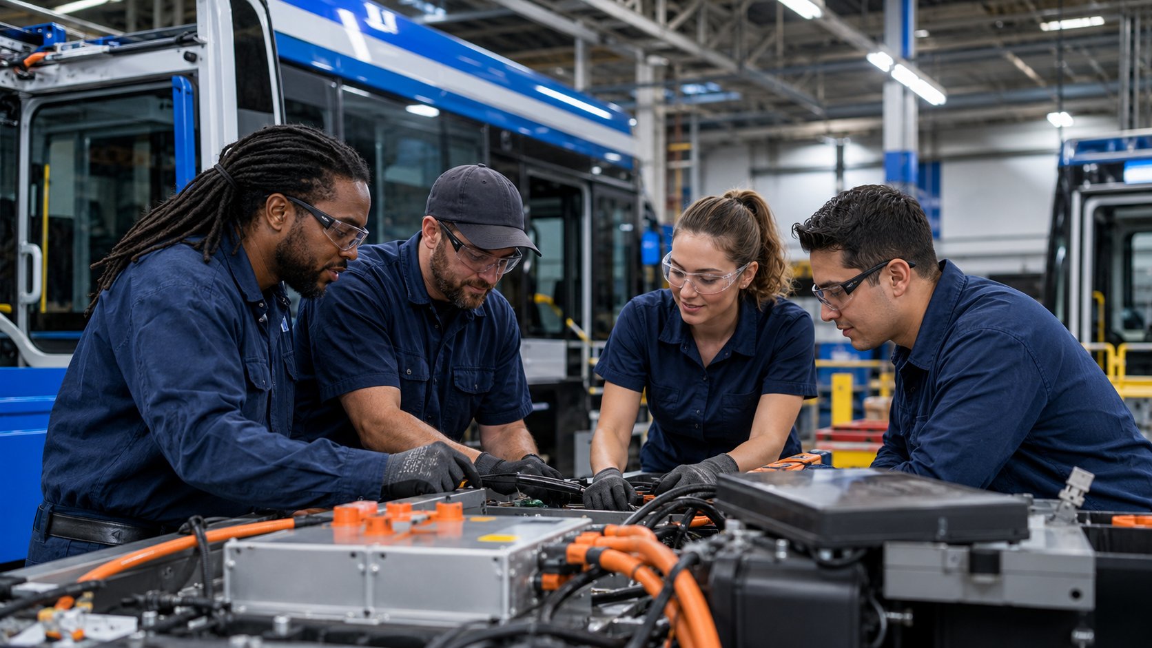 Manufacturing team collaborating on electric vehicle systems