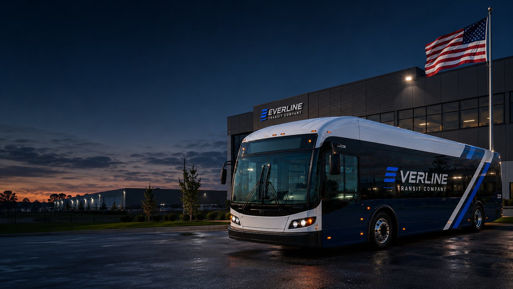 Everline electric transit bus outside an American manufacturing facility at dusk
