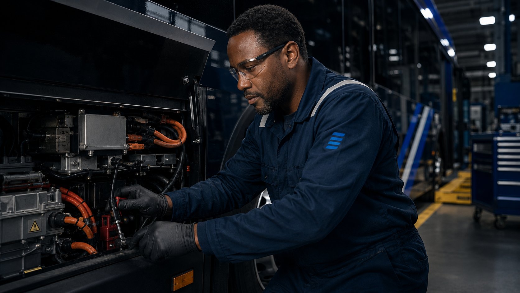 Technician servicing an electric transit vehicle